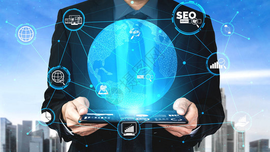SEO在线营销概念的搜索引擎优化通过优化客户搜索和分析市场策略来显示关键字研究网站推广符号的图片