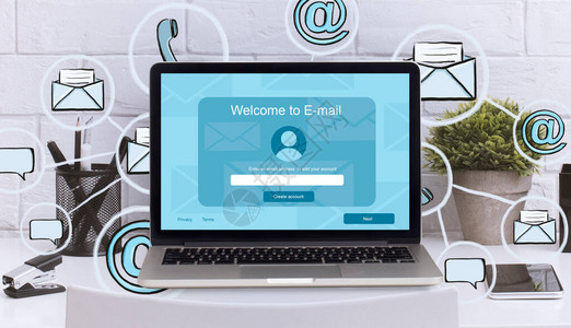 免费电子邮件服务用现代邮件网站和通信工具图示对笔记本电脑进行创造图片