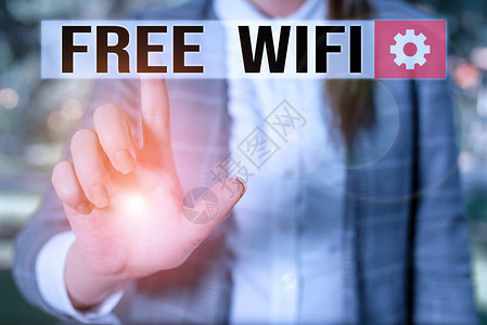 显示免费Wifi的文字符号商务照片展示让您可以在公共场所连接到互联网图片