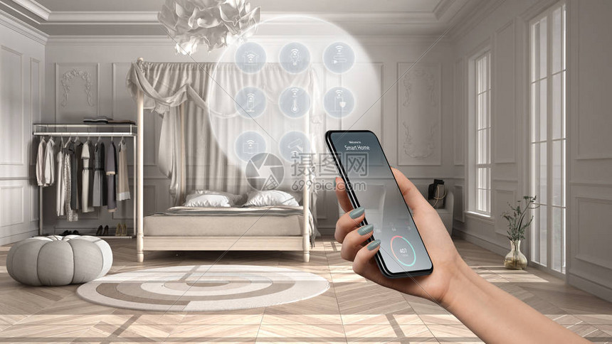 手机应用程序上的智能家居技术接口增强现实物联网室内设计带连接对象的经典卧室女图片