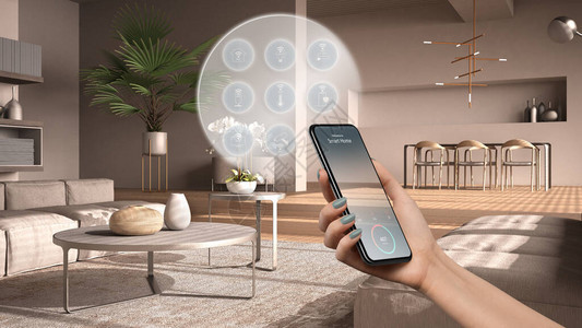 手机应用程序上的智能家居技术接口增强现实物联网带连接对象的客厅室内设计女图片