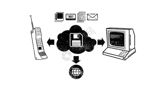 老派云存储技术连接到软盘的老式计算机图片