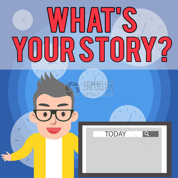 写笔记显示什么是你的故事问题用于询问演示过去生活事件的分析器的业务概念男演讲者监视器在屏幕演示或屏幕上图片