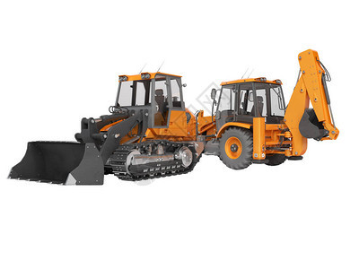 3d使橙色道路设备装载车挖土机和爬行挖土机在白色背景没有阴影图片