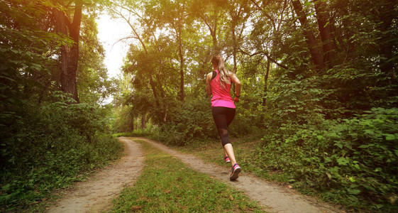 年轻的健身女人在早晨的森林小径上跑步动机健康适合生活在美丽的阳光下在大自然中奔跑的人跑鞋跑步图片