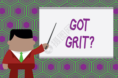 GotGritQuestion概念是指以坚韧不拔的毅力努实现所期望的目标Businessman站在前投影机中指图片
