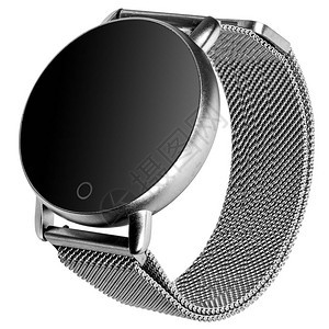 无线智能手表在一个金属带上的圆盘毛托活塞箱子中图片