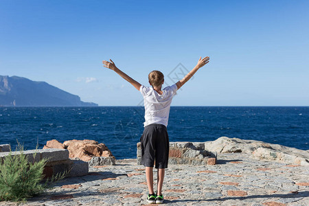 十二岁的男孩在波涛汹涌的蓝色大海前图片