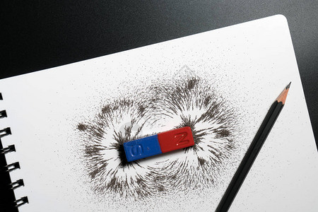 白色背景上的红色和蓝色条形磁铁或物理磁铅笔和铁粉磁场学校科学课图片