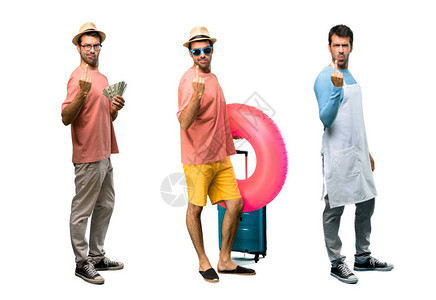 一群拿着钞票厨师和戴帽子和墨镜的人在暑假时做喇图片