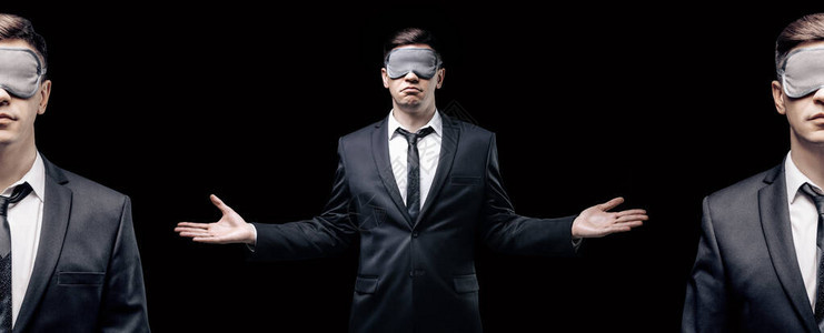 一个戴着面具睡觉的男人的组合肖像他站在黑色背景上盲目经营的概念图片