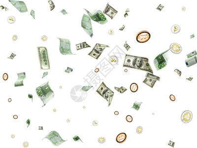 美元钞票华盛顿美国现金欧元Bitcoin加密货币贬值到白纸上用图片