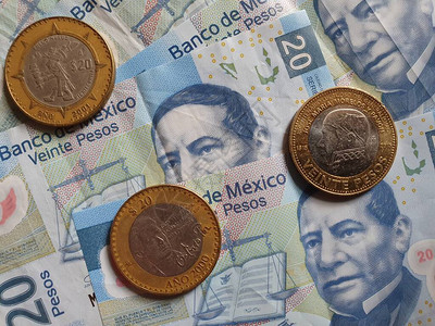 墨西哥硬币和二十比索纸币图片