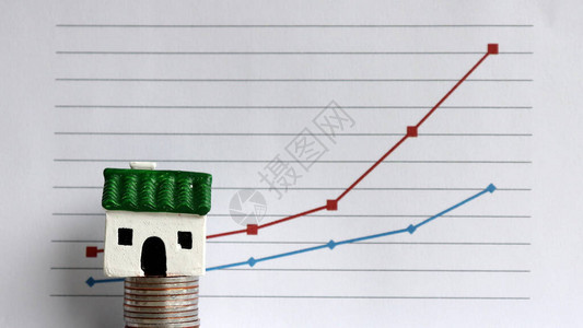 线图前一堆硬币上的微型房子房价上涨与贫富差距之图片