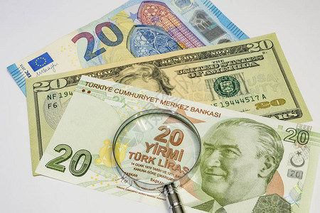 美元意大利里拉和欧元钞票加白底面放图片