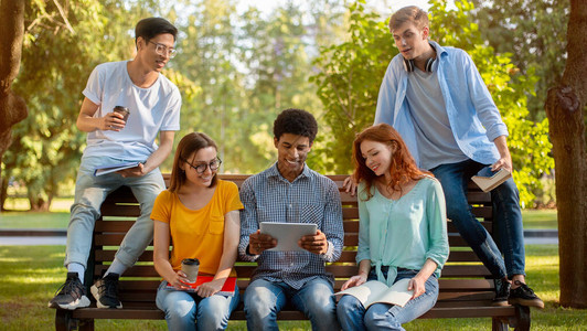 学生活方式多民族的大学朋友下课后一起坐在公园户外背景图片
