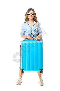 白色背景行李的女游客背景图片