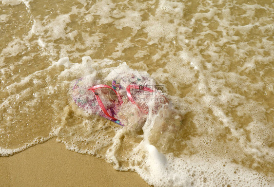 在海浪冲撞海滩的沙滩上有着一对生机勃的粉红图片