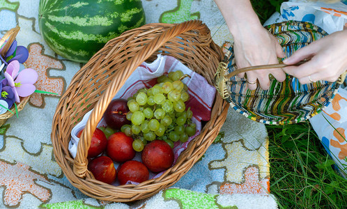 用水果和西瓜野餐的美丽浪漫组合的顶视图妇女的手正在准备野餐野餐用图片