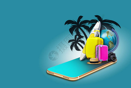 蓝色背景上的智能手机与手掌上面有冲浪板五彩手提箱地球仪草帽相机旅游和旅行的概念拼贴画复图片