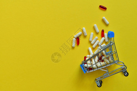 黄色背景上装有各种药丸的购物手推车药店网上药店制药公司经营理念的创意平面布局选择焦背景图片