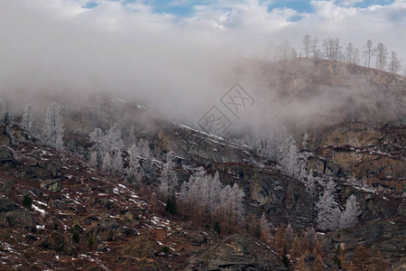 俄罗斯阿尔泰山丘利什曼河谷周围的山脉被冰冻覆盖着图片