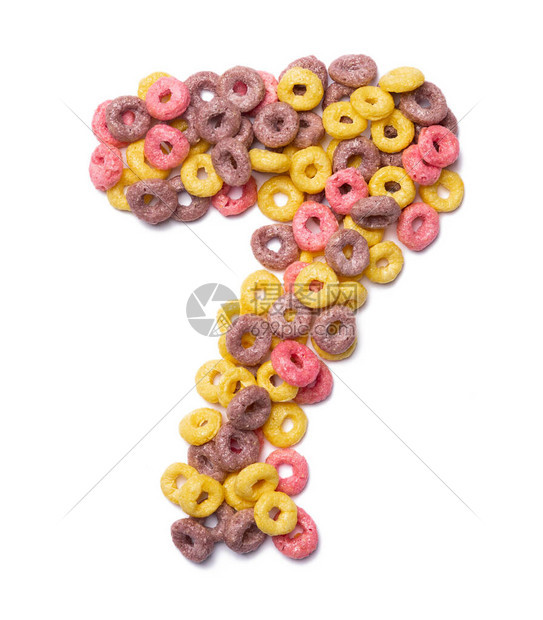 英文字母的阿拉伯数字7来自白色孤立背景上的粉红色薄片由甜早餐谷物制成的食物模式儿童商店图片