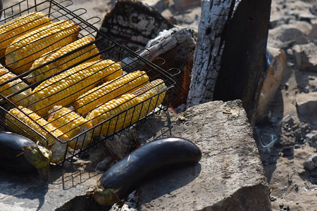黄色大玉米森林烤架上的玉米背景