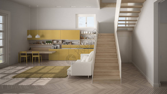 简约的现代白色黄色和木制厨房图片