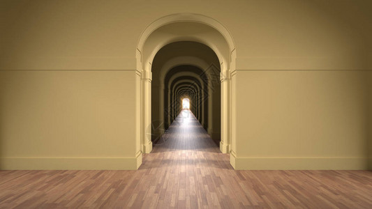 空荡的黄色建筑内部有无限的拱门无尽的门口走廊走道迷宫图片