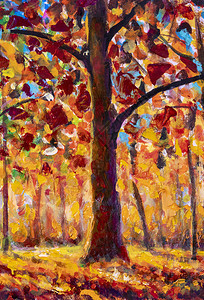 秋季原创油画在canvassunny公园与红色金黄的树木和草地图片