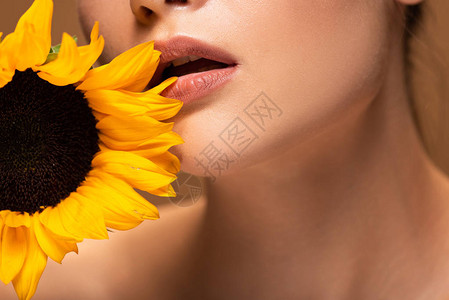 黄色向日葵和张开嘴的年轻女子的剪影背景图片
