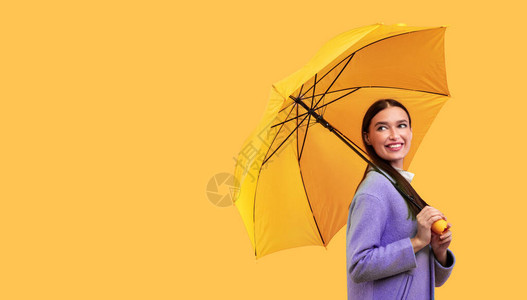 高雅的年轻女子模范拿着明亮的雨伞站立一边看着在黄色工作室墙壁上被孤图片