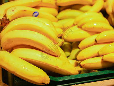 黄色的香蕉在柜台上柜台上的黄色熟香蕉在市场上的商店橱窗里收获成图片
