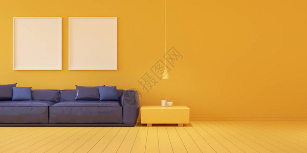 黄色房间的蓝色沙发和黄色橱柜的模型图片