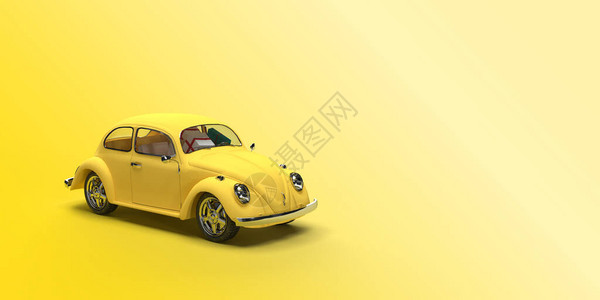 3d渲染黄色背景上的黄色复古玩具车情人节送花3月8日图片