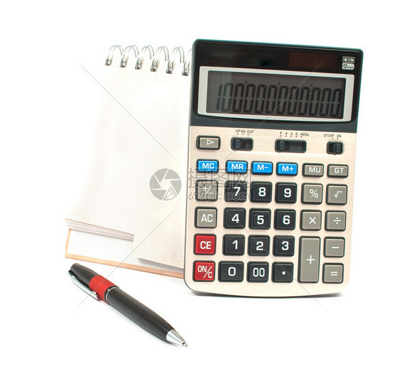 计算器笔白色背景上的日记图片