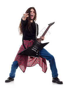 高重金属吉他手在尖叫和演奏时作出摇滚图片