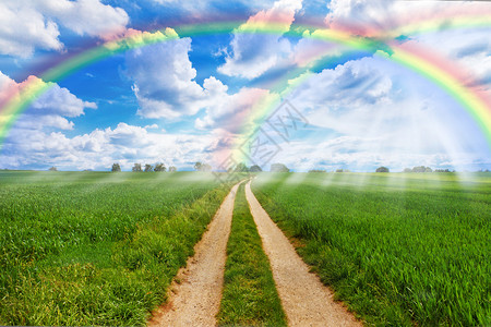 有彩虹和乡下公路的绿色领域图片