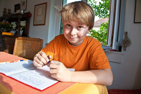 男孩在家为学校做作业图片