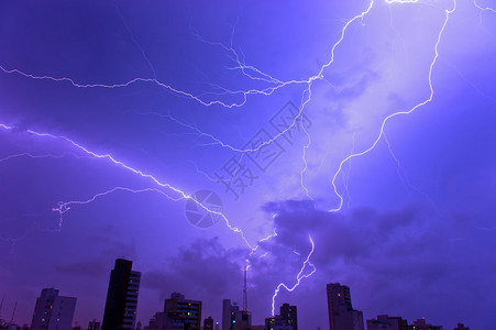 雷暴和力量闪电在城市图片