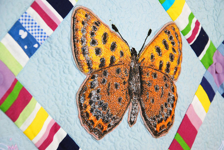 五颜六色的拼布被子与蝴蝶手工作品图片