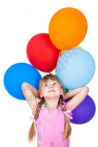 梦幻的小女孩拿着热气球团孤立图片