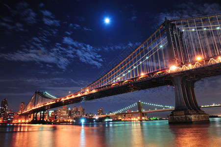 布鲁克林大桥和曼哈顿大桥在东河上的夜晚与月亮在纽约市曼哈顿图片