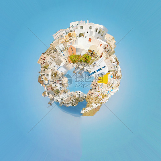 圣托里尼希腊岛上奥亚村的全景图象形成一个行星形貌图片