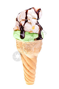 冰淇淋和蜜桃冰淇淋配有巧克力白色背图片