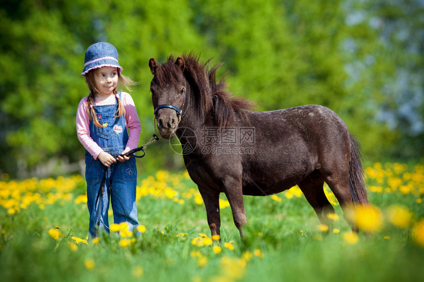 春天在田野里的孩子和小马图片