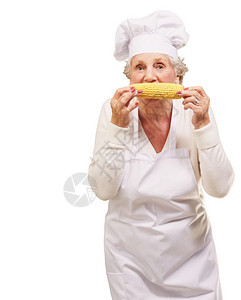 高级厨师女在白背景上吃玉背景图片
