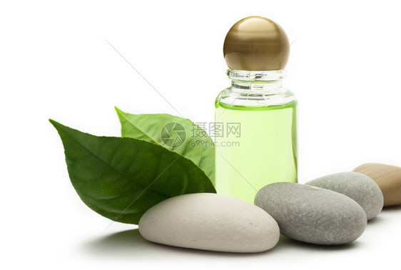 有石头和绿叶的洗发水瓶图片
