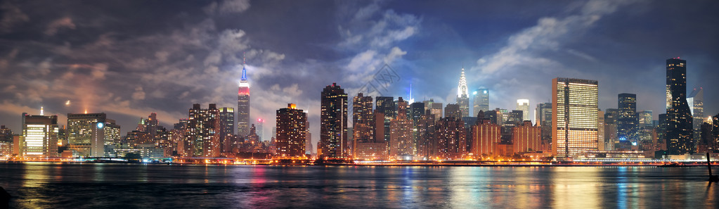 纽约市曼哈顿市中城黄昏全景东河上空有图片